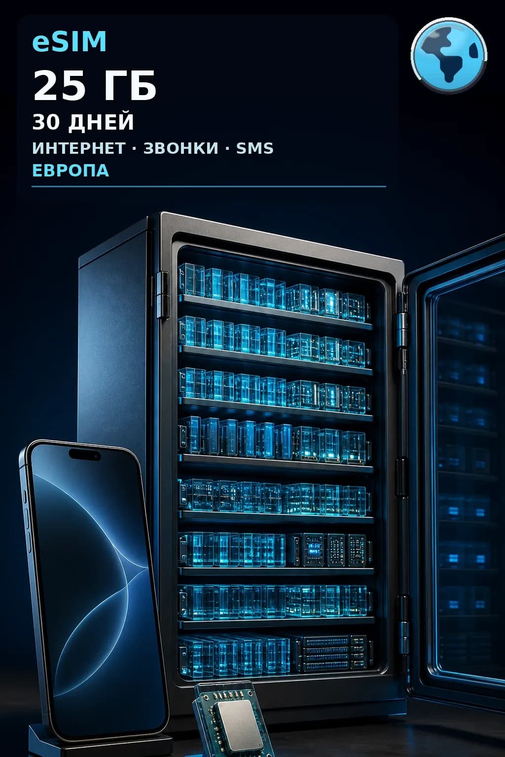 eSIM Европа — 25 ГБ, 30 дней — интернет, звонки и SMS
